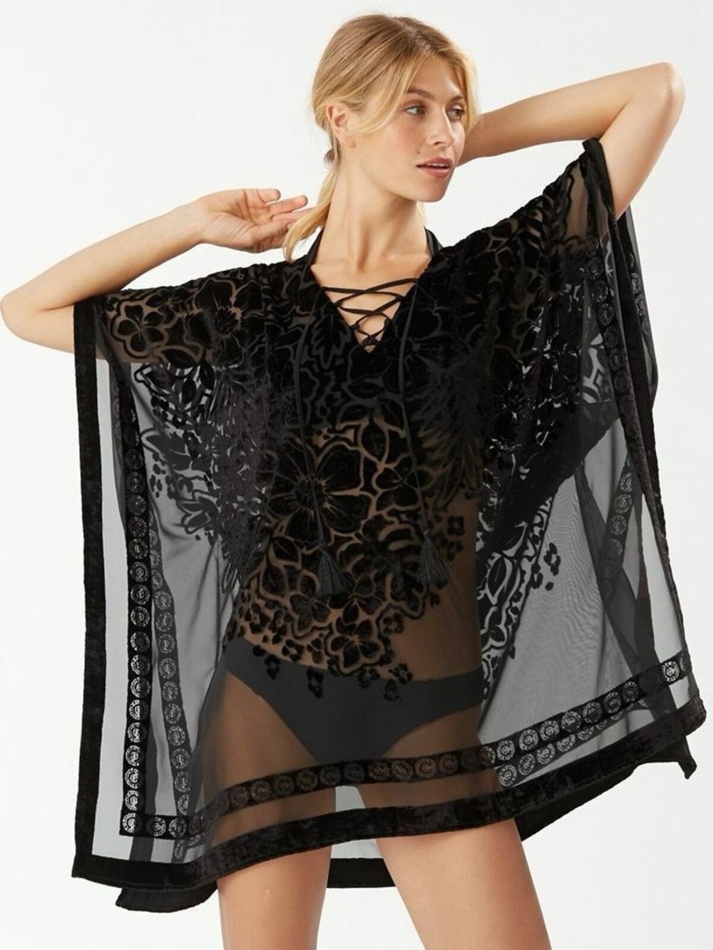 Tommy Bahama Sheer Black Floral Velvet Burnout Kaftan Cover-Up - S/M